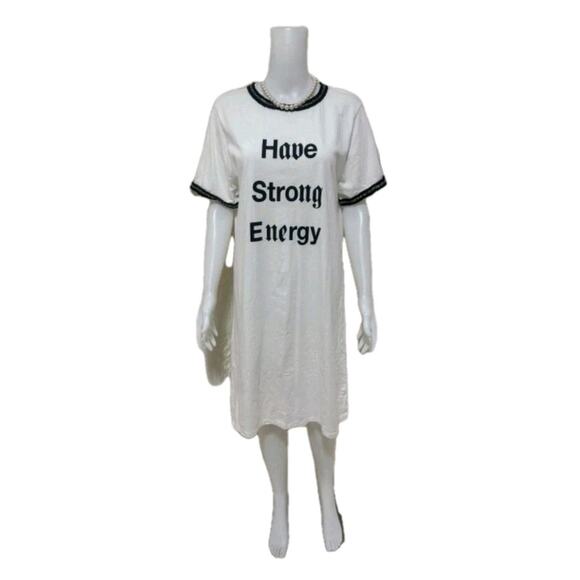 Zara T-SHIRT Dress Sz M White Have Strong Energy PARIS Designer Chain Black Trim - Picture 16 of 16